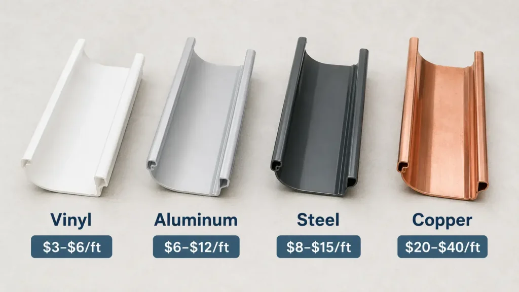 How Much Does It Cost to Replace Gutters? (2026 Pricing Guide) 2 Gutter material cost comparison showing vinyl, aluminum, steel and copper price ranges per linear foot