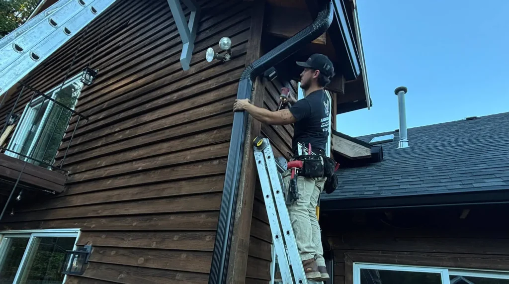How to Install a Gutter Downspout (Step-by-Step Guide) 2 Nathan, one of American Gutter Service owners, attaching a black downspout to a gutter system