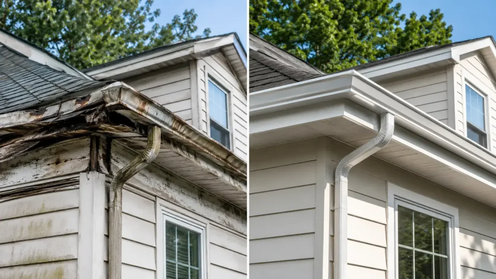 How Much Does It Cost to Replace Gutters? (2026 Pricing Guide) 1 Before and after gutter replacement showing rusted sagging old gutters versus new seamless aluminum