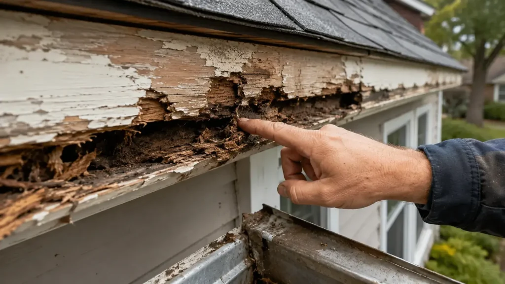 How Much Does It Cost to Replace Gutters? (2026 Pricing Guide) 3 Water-damaged fascia board exposed during gutter replacement, a common hidden cost