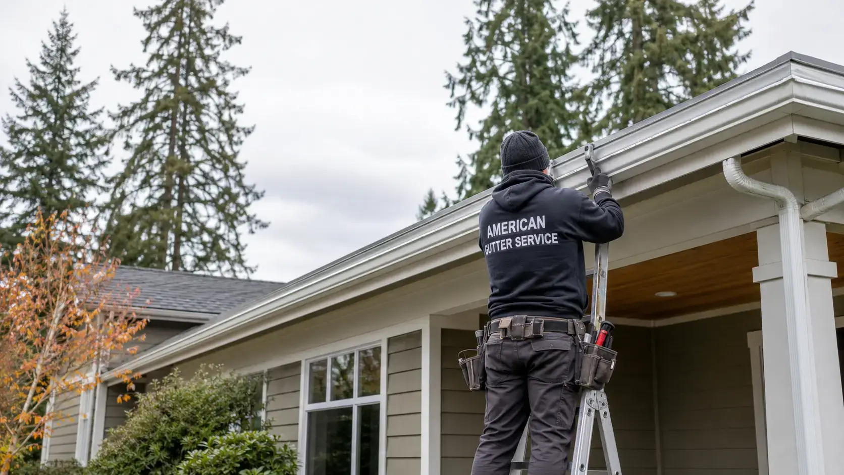 New white seamless aluminum gutters being installed on an Oregon home during a gutter replacement
