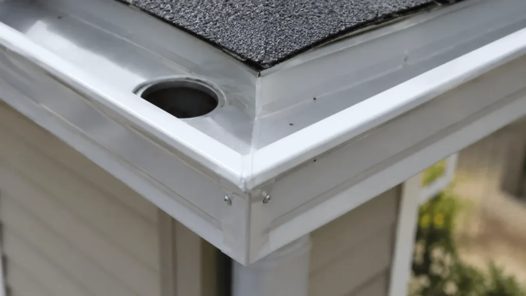 Close-up of a sealed corner mitre and downspout outlet on a seamless gutter system