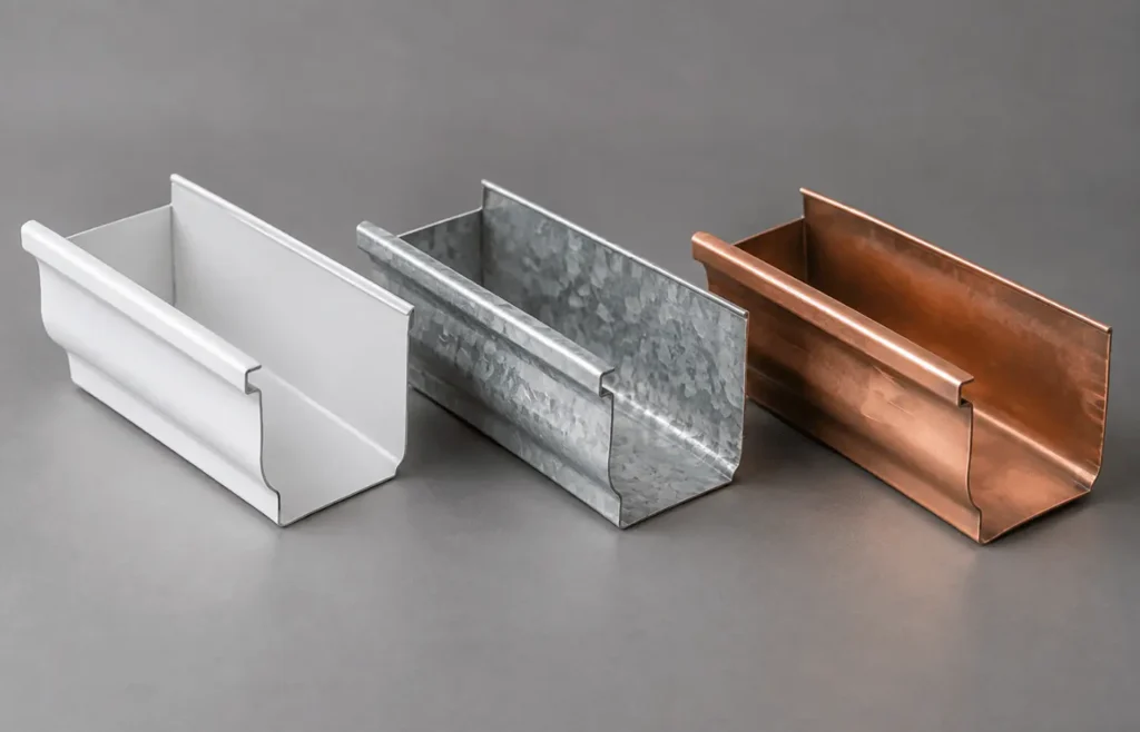 Samples of aluminum, galvanized steel and copper gutter profiles shown side by side
