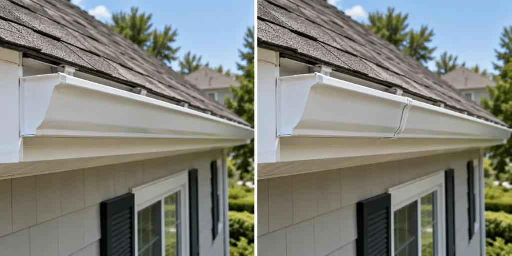 Side-by-side comparison of a continuous seamless gutter run and a sectional gutter with a visible mid-run joint