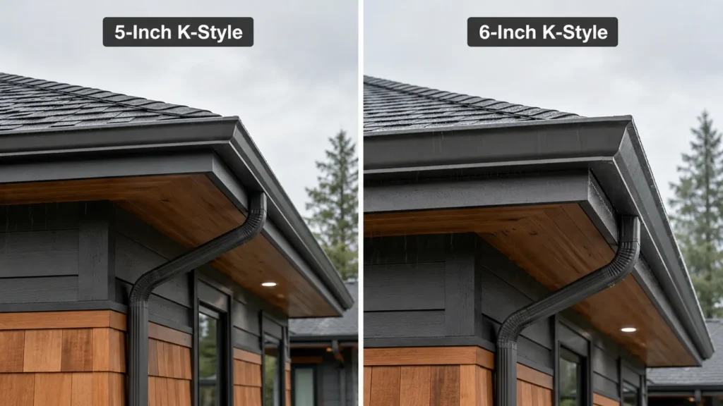 Oregon Rainfall by City & the Gutter Capacity It Demands 3 side-by-side of 5-inch and 6-inch K-style gutter profiles on an oregon roofline