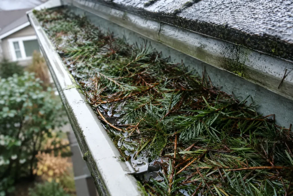 Oregon Rainfall by City & the Gutter Capacity It Demands 4 Douglas fir needles matting inside an Oregon gutter and blocking water flow