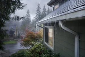 Rain pouring off a Portland-are home's seamless gutters during an Oregon storm