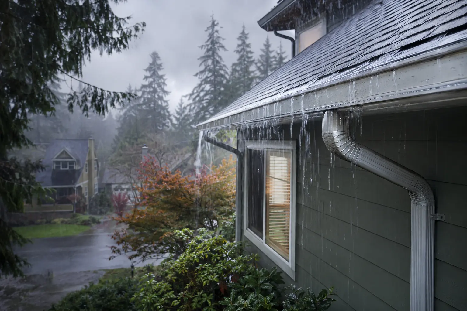 Rain pouring off a Portland-are home's seamless gutters during an Oregon storm