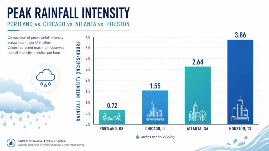 Oregon Rainfall by City & the Gutter Capacity It Demands 2 Chart comparing peak rainfall intensity in Portland, Chicago, Atlanta and Houston