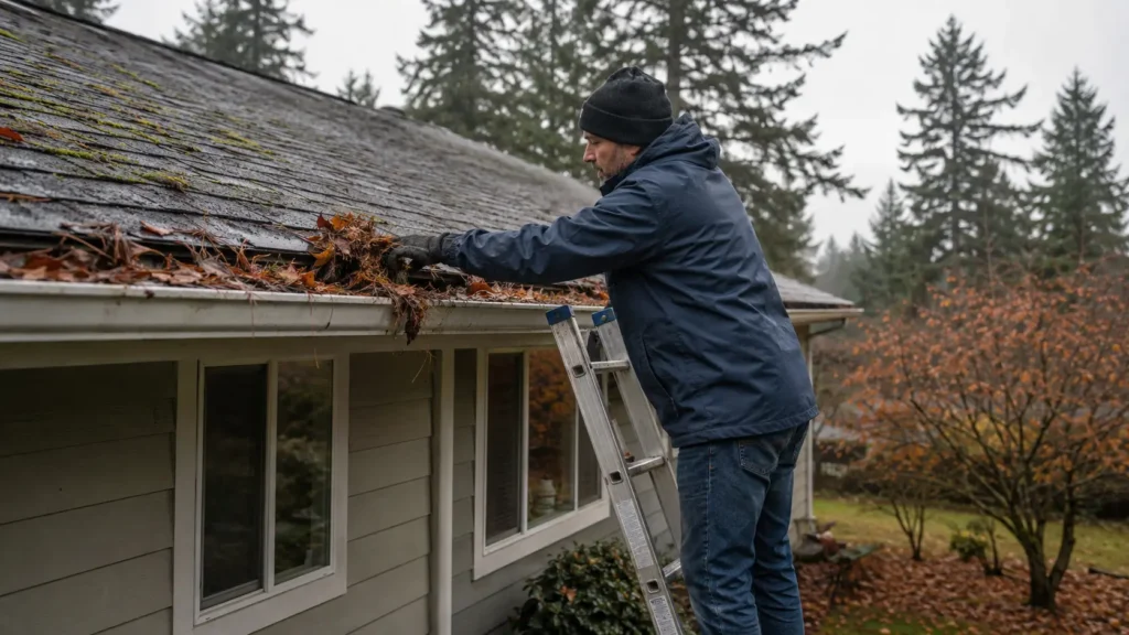 How Often Should You Clean Gutters in the PNW? 2 Cleaning leaves and fir needles from a gutter on a Portland-area home in fall