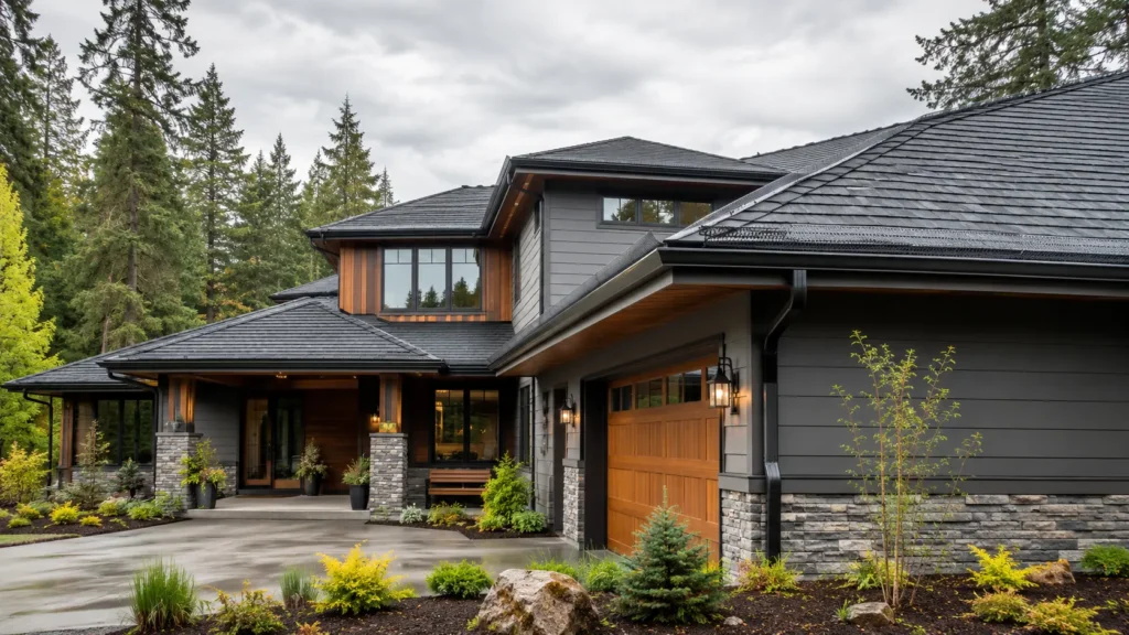 Gutter Guard Types Compared: Mesh vs. Micro-Mesh vs. Reverse-Curve vs. Brush vs. Foam 3 Black micro-mesh gutter guards installed on an Oregon home with fir trees in the background