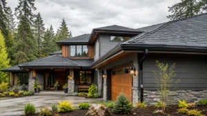 Black micro-mesh gutter guards installed on an Oregon home with fir trees in the background