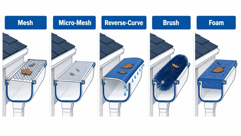 Gutter Guard Types Compared: Mesh vs. Micro-Mesh vs. Reverse-Curve vs. Brush vs. Foam 1 Infographic comparing mesh, micro-mesh, reverse-curve, brush and foam gutter guard types