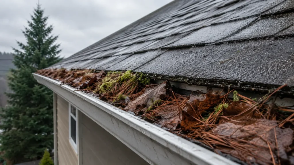 How Often Should You Clean Gutters in the PNW? 1 Fir needles and moss clogging an aluminum gutter on an Oregon home during the rainy season