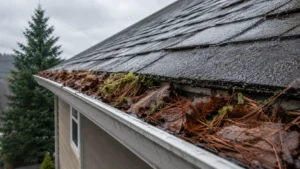 Fir needles and moss clogging an aluminum gutter on an Oregon home during the rainy season