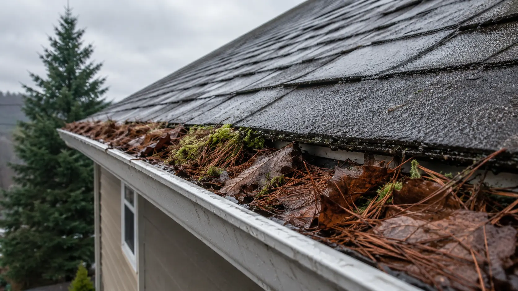 Fir needles and moss clogging an aluminum gutter on an Oregon home during the rainy season