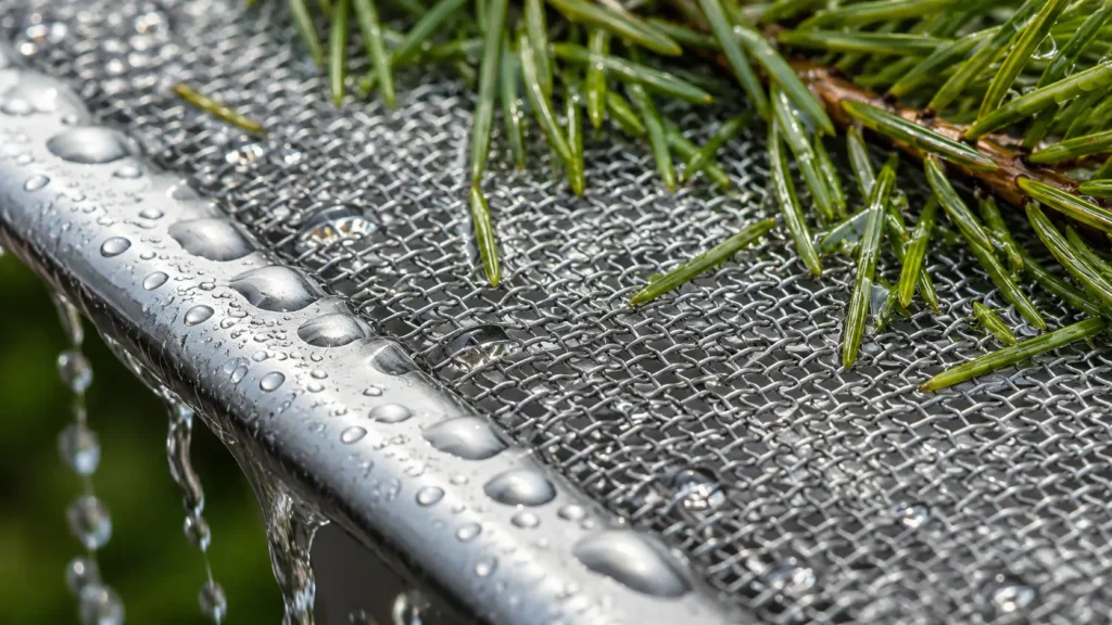Gutter Guard Types Compared: Mesh vs. Micro-Mesh vs. Reverse-Curve vs. Brush vs. Foam 2 Close-up of stainless steel micro-mesh gutter guard blocking fir needles