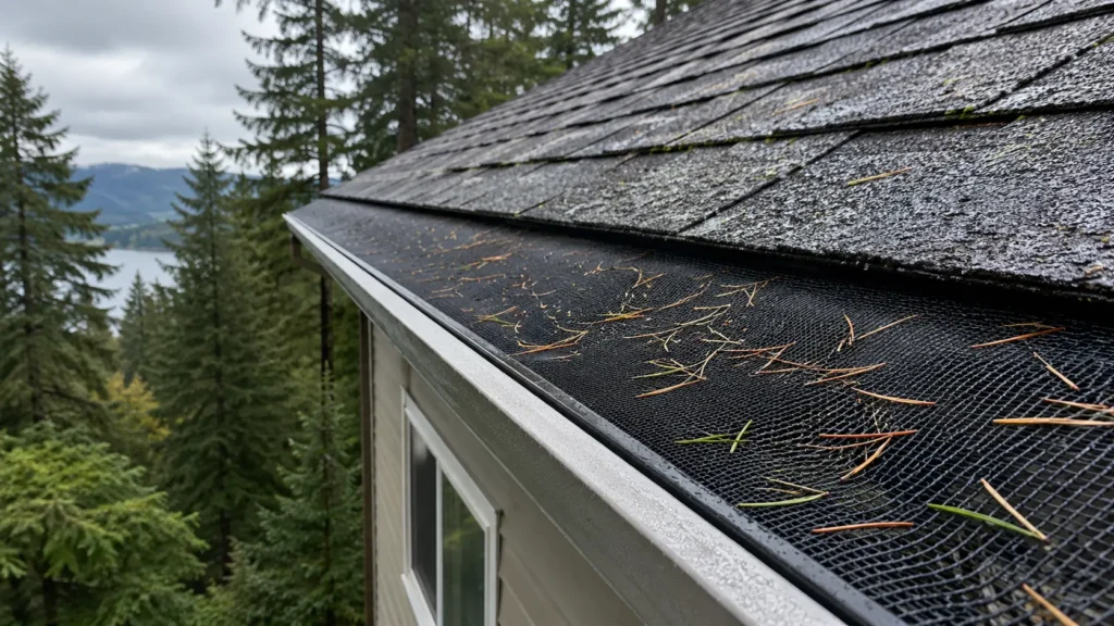 How Often Should You Clean Gutters in the PNW? 3 Fine micro-mesh gutter guards keeping fir needles out of a Pacific Northwest gutter