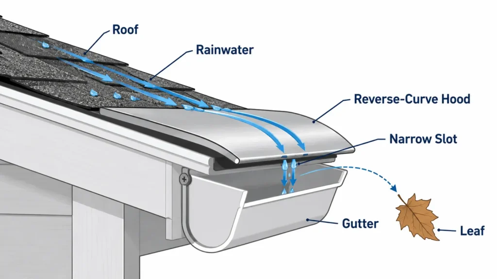 Gutter Guard Types Compared: Mesh vs. Micro-Mesh vs. Reverse-Curve vs. Brush vs. Foam 3 Diagram showing how a reverse-curve gutter guard channels water and sheds leaves
