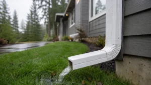 Downspout extension draining rainwater away from the foundation of an Oregon home