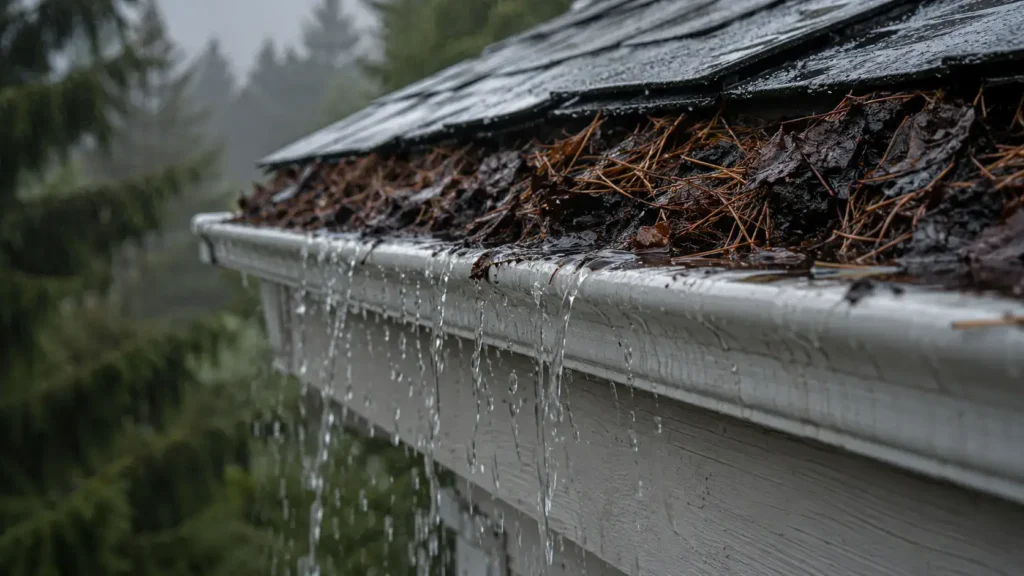 How Much Does Gutter Repair Cost in Oregon? (2026 Price Guide) 2 Rainwater overflowing a clogged gutter during an Oregon rainstorm