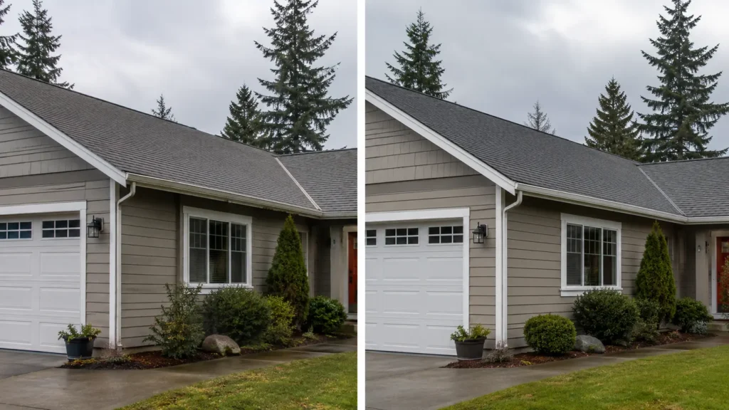 Pre-Cut vs Seamless Gutters: Which One Is Actually Worth Buying? 1 Side-by-side comparison of pre-cut sectional gutters with visible seams and seamless gutters on Oregon homes