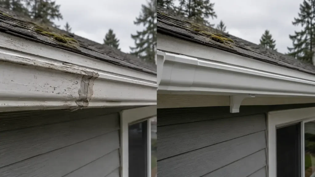Side by side comparison of a repaired gutter and a new seamless gutter