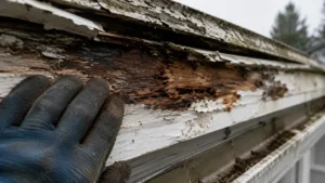 Rotted fascia board exposed behind a removed gutter section