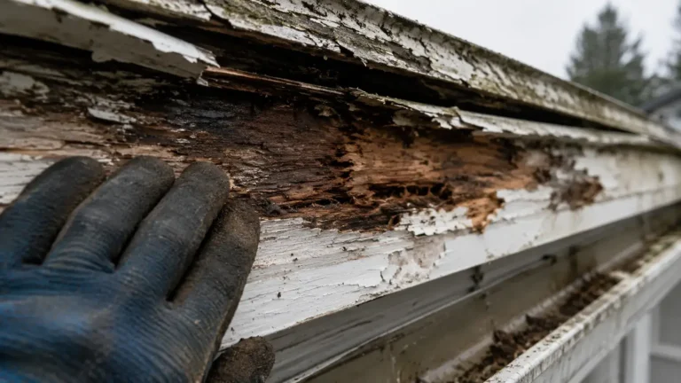 Rotted fascia board exposed behind a removed gutter section