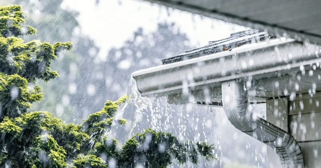 Common gutter problems on an Oregon home with overflowing seamless gutters in the rain