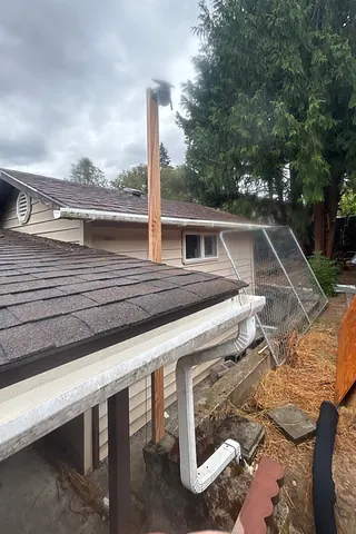 White gutter and downspout draining off a porch roof at a St. Helens home next to a tall cedar