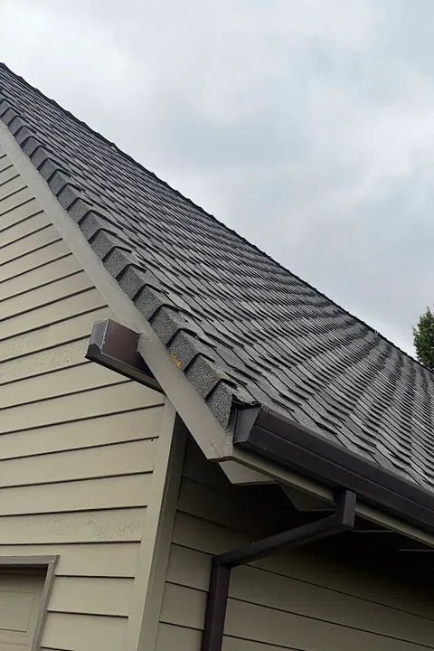 Dark bronze gutter, end cap and downspout where architectural shingles meet tan lap siding