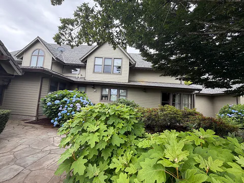 Large tan two-story home with dark gutters along many rooflines behind blue hydrangeas